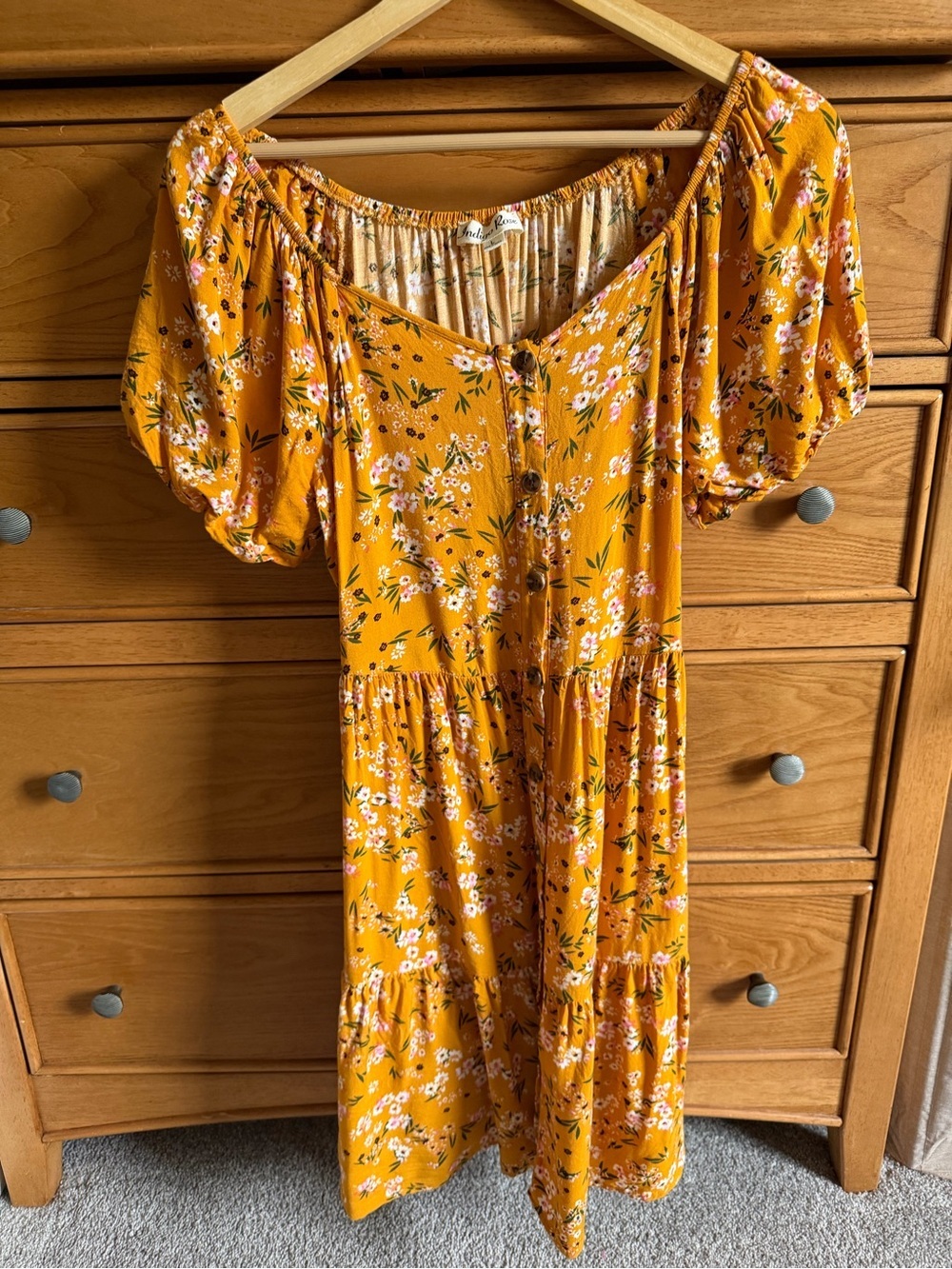 Floral Mustard Yellow Bohemian Peasant Tiered Babydoll Puff Sleeve Dress Size L